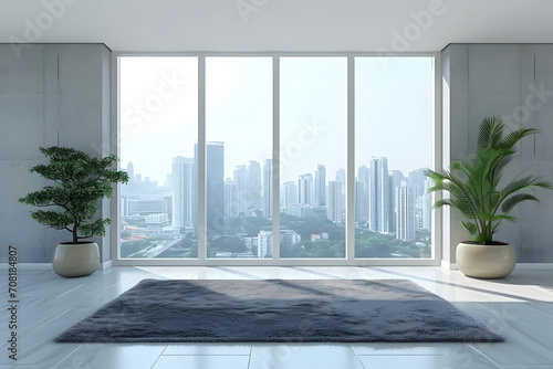 empty living room with view to city skyline	