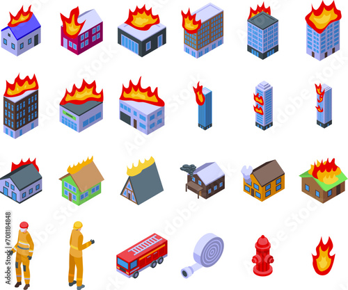 Burning building icons set isometric vector. Fire house stew. Emergency flame