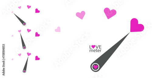 Love level measurement vector illustration set with indicator, pink hearts. Romantic love scale to use for valentines day, romance design, wedding card design projects.
