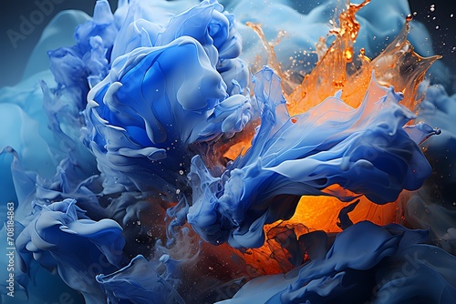 Molten silver and cool cobalt liquids colliding with explosive force  forming a captivating and intense abstract display  perfectly documented by an HD camera