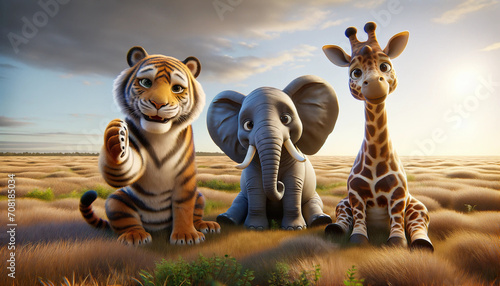 Close-up of a group of 3d, cute animals looking straight at the camera with smiling expressions. Realistic safari, zoo wildlife background. Nature image. Ultra wide angle lens. AI generative. © watcharin