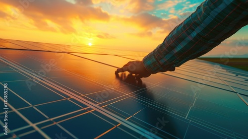 engineer hand is checking an operation of sun and cleanliness of photovoltaic solar panels on a sunset. Concept:renewable energy, technology,electricity,service, green,future
