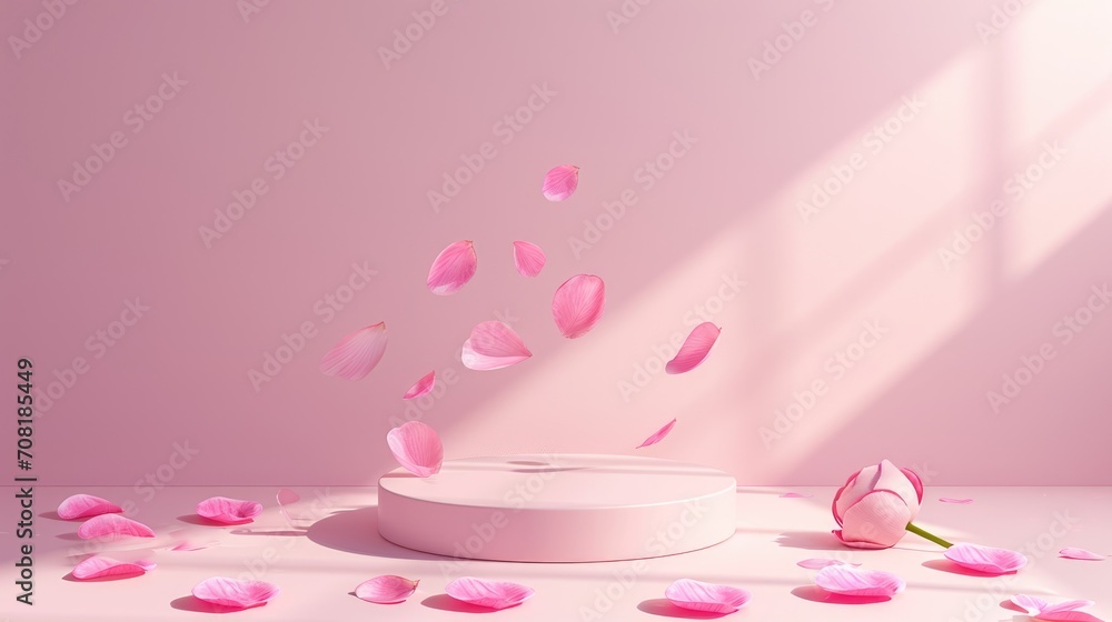 Podium in the pink background rose petals falling. Studio podium for product advertising. Stage stand. Blank podium. Display platform cosmetic and spa presentation Podium in the pink background rose petals falling. Studio podium for product advertising. Stage stand. Blank podium. Display platform cosmetic and spa presentation