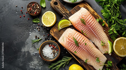fish fillet on wooden board with ingredients for cooking, fresh raw pangasius fish fillet with herb and spices black pepper lemon lime and rosemary, meat dolly fish tilapia striped catfish - top view photo