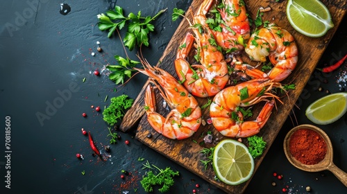 Fresh shrimps prawns seafood lemon lime with herbs and spice, Shrimp peeled on wooden cutting board dark background dining table food, top view