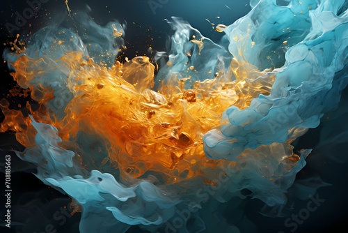 Molten silver and turquoise liquids colliding with explosive force  forming a captivating and intense abstract display  perfectly documented by an HD camera