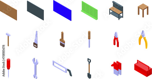 Garage tools board icons set isometric vector. Interior workshop. Equipment wooden desk