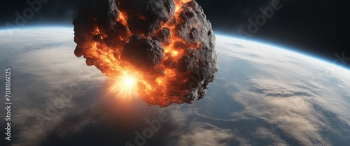 Asteroid burning up in space, with the earth in the background.