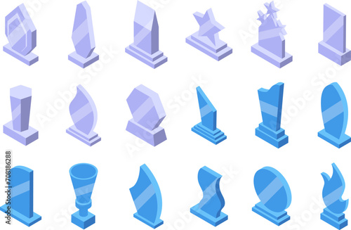 Glass trophy icons set isometric vector. Star acrylic shape. Award sport photo