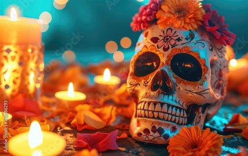 Sugar skull with flowers and candles, dia de los muertos celebration