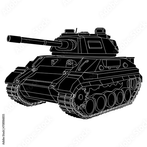 Main battle tank black doodle. Armored fighting vehicle. Special military transport. Detailed vector illustration isolated on white background.