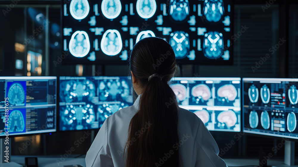 In state-of-the-art medical facility, woman doctor reviews body scans on multiple futuristic screens In state-of-the-art medical facility, woman doctor reviews body scans on multiple futuristic screens