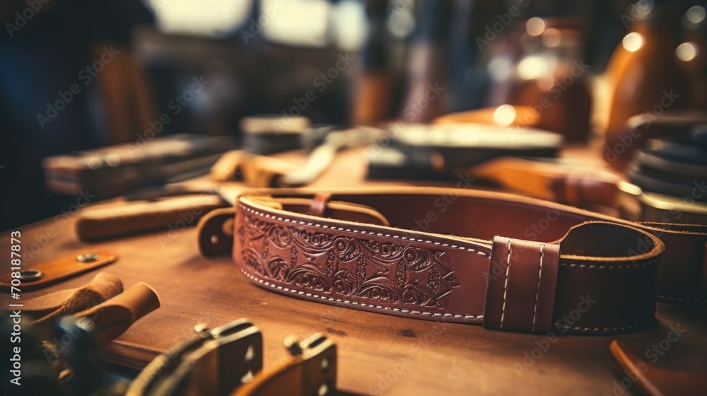 Closeup of a leatherworkers tools creating detailed designs on a belt. - obrazy, fototapety, plakaty 