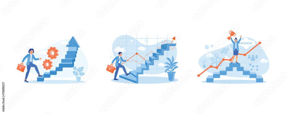 Women get promoted. A businessman walks up carrying a briefcase. Which leads to success. Career Development Concept. Set Flat vector illustration.