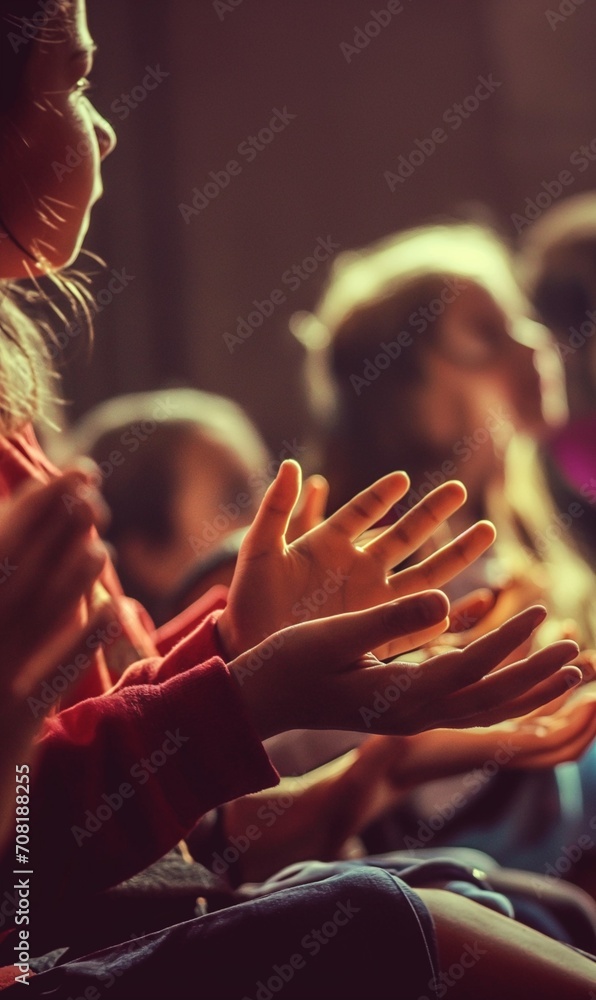 Young kids in kindergarten clapping hands, singing nursery school ...