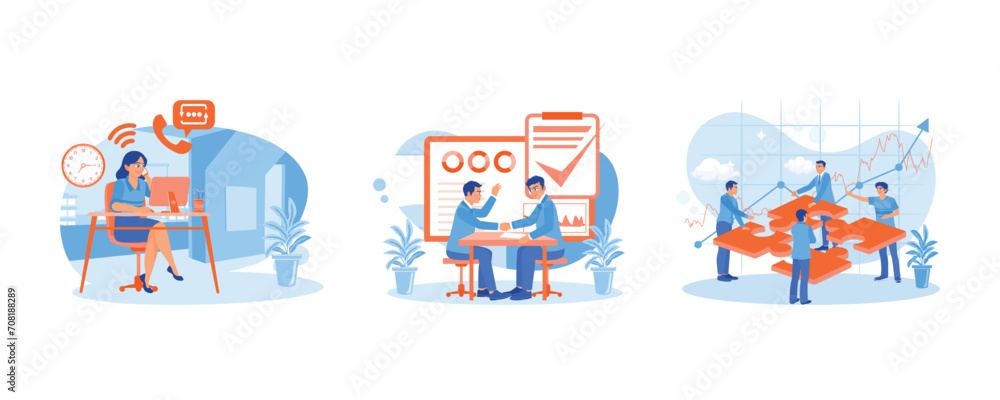Make calls with clients. Complete the consultation. Teamwork concept. Employee Making concept. Set Flat vector illustration.