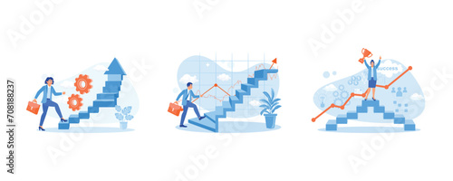 Women get promoted. A businessman walks up carrying a briefcase. Which leads to success. Career Development Concept. Set Flat vector illustration.