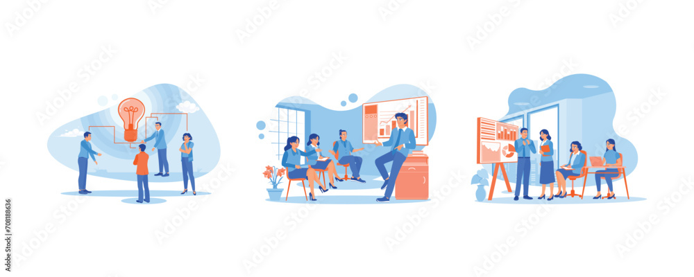 Exchange thoughts and ideas. Describes a new work project. Discuss office financial statistics. Briefings concept. Set Flat vector illustration. 