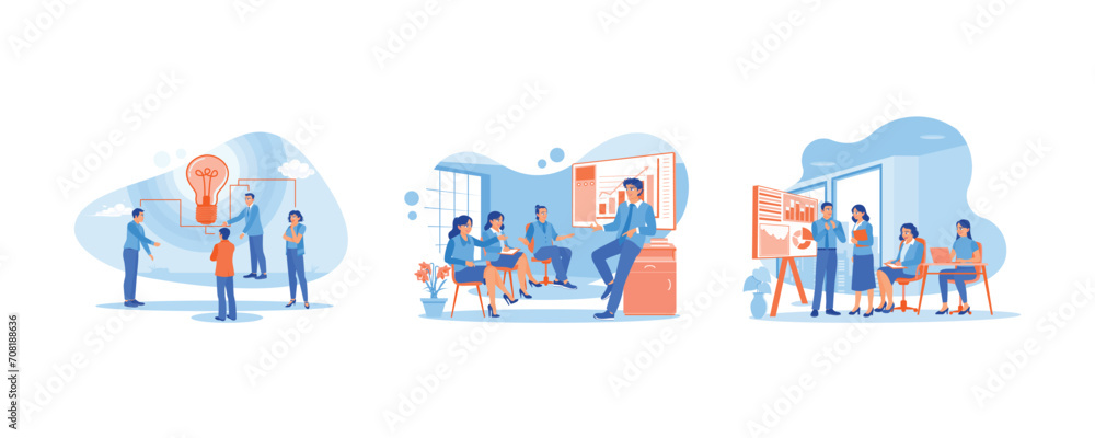 Fototapeta premium Exchange thoughts and ideas. Describes a new work project. Discuss office financial statistics. Briefings concept. Set Flat vector illustration. 