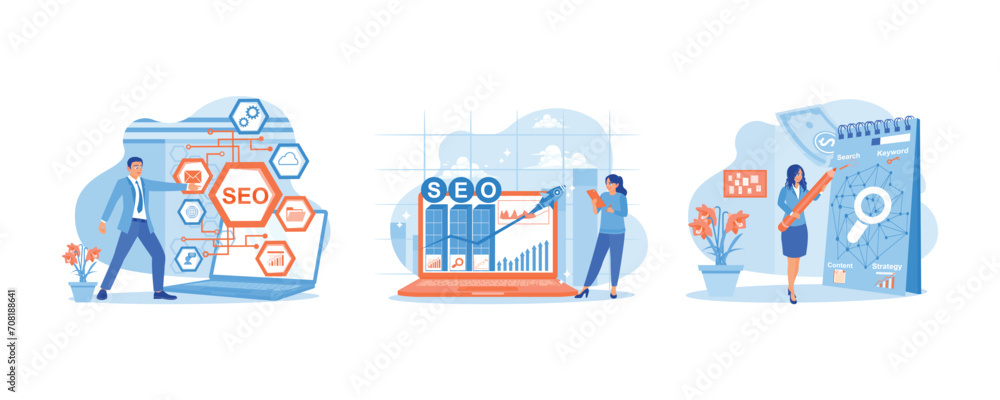 Online marketing via website. Optimizing the website. Internet business development. SEO concept. Set Flat vector illustration.