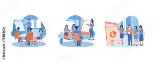 Focus on listening to the meeting leader's explanation. Business partners exchange ideas. Project presentation on a flip chart. Briefings concept. Set Flat vector illustration.