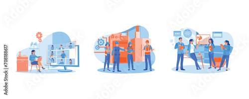 Hold online meetings. The chief engineer briefed. Discuss new work projects. Briefings concept. Set Flat vector illustration.
