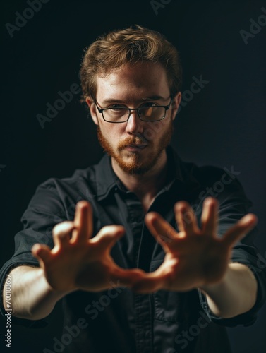 A man practicing hypnosis, therapist, healer working with magnetism, person evoking spirits, psychic or medium, mentalist reading mind and thoughts, bizarre esotericism expert, deaf guy signing photo