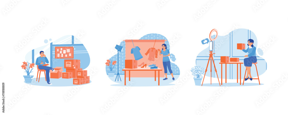 Online business owner. I was checking the goods sent. Confirm customer address. Woman receiving package. Order Confirmation concept. Set Flat vector illustration.