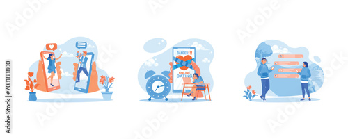 Online Dating concept. Surprise each other via call. The dangers of online dating. Read messages in text bubbles. Set Flat vector illustration.