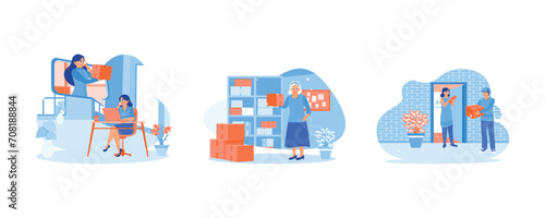 Confirm the order with the seller. Take product photos. A courier carrying a parcel box. Order Confirmation concept. Set Flat vector illustration.