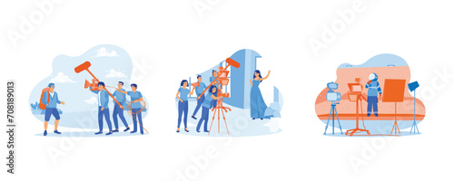 Behind the scenes of the filmmaking process. Take pictures outdoors and indoors. The cinematographer shot the Mars scene. Set Flat vector illustration.
