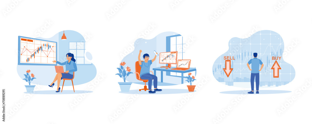 stock trading concept. analyze stock trading index. celebrate trading success. i am selling or buying shares. set flat vector modern illustration 