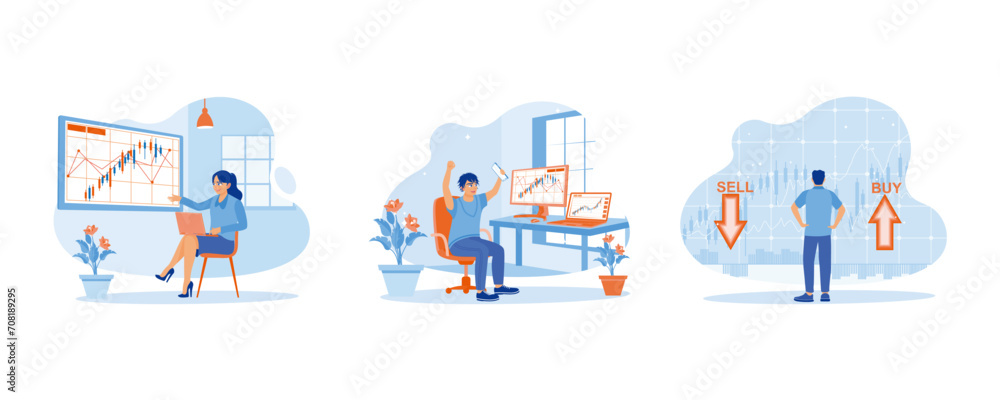 stock trading concept. analyze stock trading index. celebrate trading success. i am selling or buying shares. set flat vector modern illustration stock trading concept. analyze stock trading index. celebrate trading success. i am selling or buying shares. set flat vector modern illustration