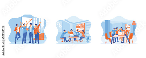 Celebrating concept. Raise each others hands and cheer. Businessman and coworkers standing and high five. set flat vector modern illustration