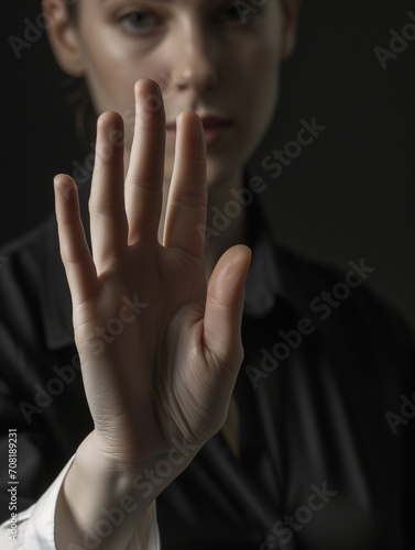 Quiet, serene, peaceful woman hand open with palm frontward as a message to stop, pause, take a break, wait a moment, or showing the number five with her fingers, elegant long thin empty hand closeup