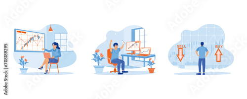 stock trading concept. analyze stock trading index. celebrate trading success. i am selling or buying shares. set flat vector modern illustration 