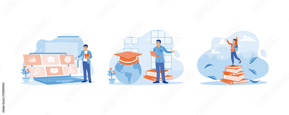 Distance education internet technology. Graduation hat over globe map. Education concept. set flat vector modern illustration 