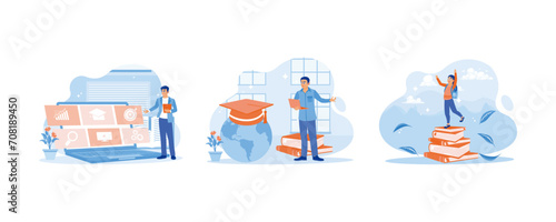 Distance education internet technology. Graduation hat over globe map. Education concept. set flat vector modern illustration 