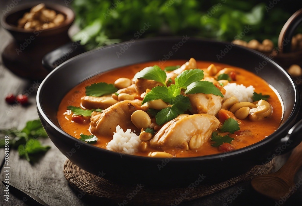 Chicken and cashew red curry with rice and herbs thai inspired dish