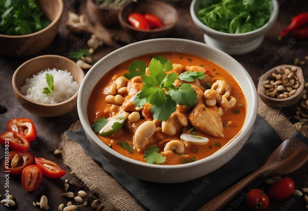 Chicken and cashew red curry with rice and herbs thai inspired dish Chicken and cashew red curry with rice and herbs thai inspired dish