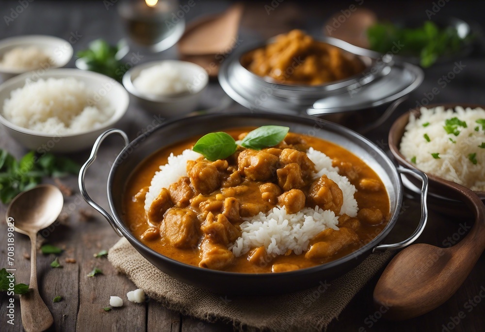 Chicken curry with jasmine rice indian food concept