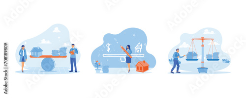 House Model Balance Equilibrium Concept. The balance between house model and construction costs. Money icon and house scale on board. Protects home asset markets and money balances. 