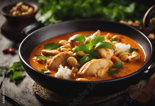 Chicken and cashew red curry with rice and herbs thai inspired dish
