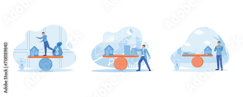 House Model Balance Equilibrium Concept. Balance of house model and money in the sack. It is a small house model and a stack of coins on a seesaw. set flat vector modern illustration 