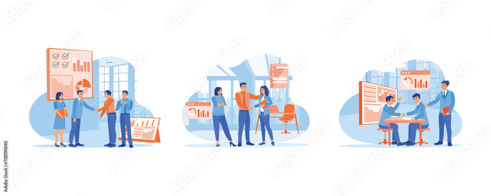 New employee concept. Welcome to join our team. Manager shaking hands with new employee. Businessman shaking hands with colleague. set flat vector modern illustration New employee concept. Welcome to join our team. Manager shaking hands with new employee. Businessman shaking hands with colleague. set flat vector modern illustration