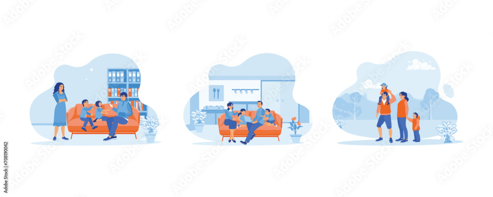 A couple of happy, funny parents concepts. Dad takes photos of his children. Family sitting together on the sofa. Enjoy a weekend getaway together. set flat vector modern illustration 