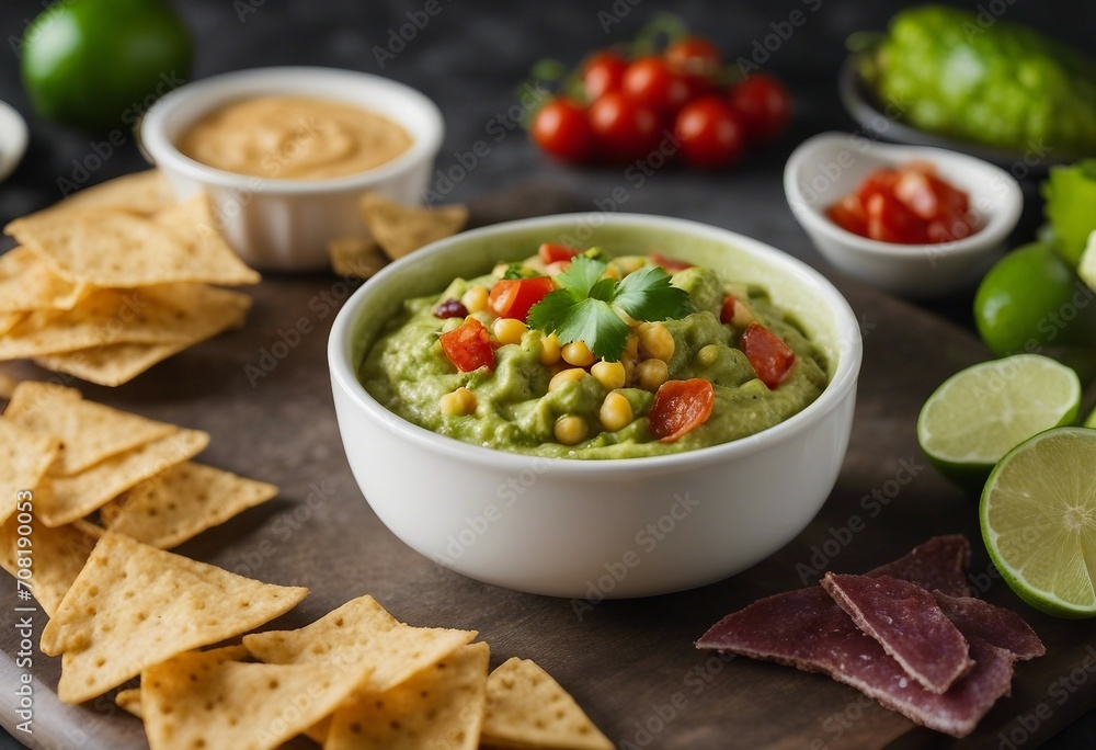 Homemade hummus salsa and guacamole with corn chips Homemade hummus salsa and guacamole with corn chips