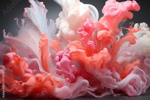 Pearl white and electric pink liquids dancing gracefully in a fluid harmony