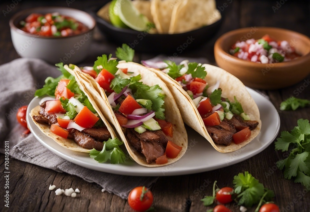 Steak tacos with sliced meet salad and tomato salsa Steak tacos with sliced meet salad and tomato salsa