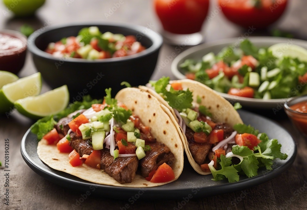 Steak tacos with sliced meet salad and tomato salsa Steak tacos with sliced meet salad and tomato salsa